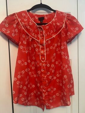 Anna Sui Red and White Star Print Short Sleeve Blouse